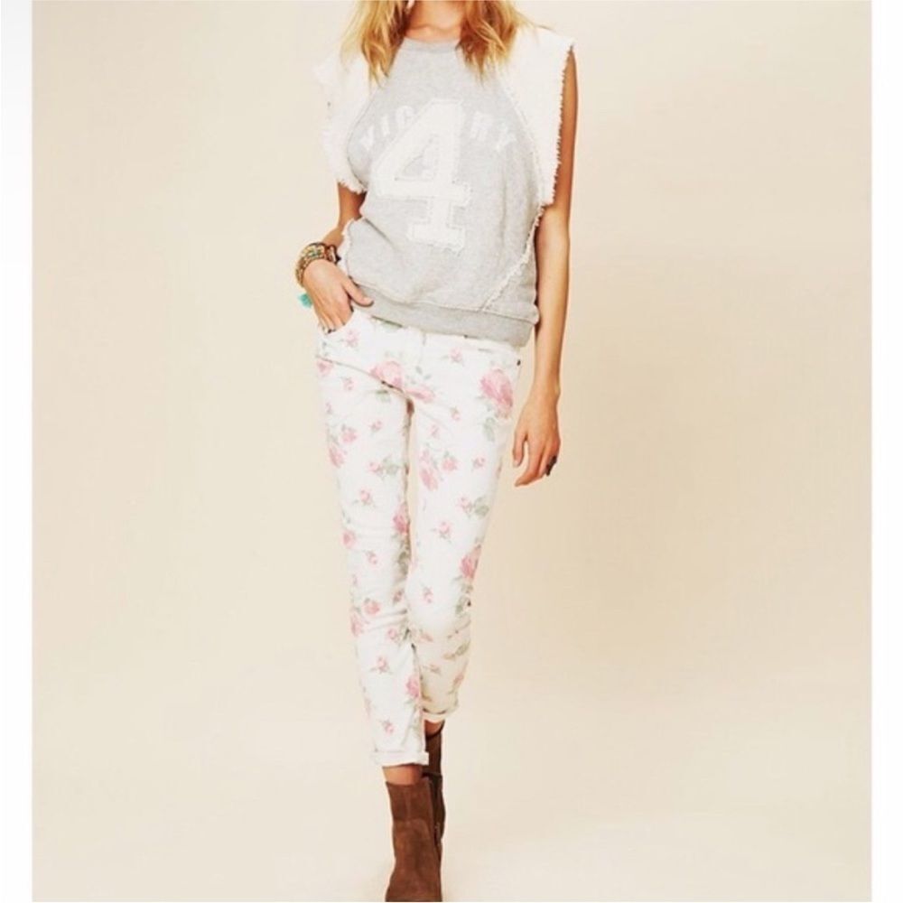 FREE PEOPLE | Retro Rose Floral Print Cream Slim Jeans Women’s Size 26 (2)
